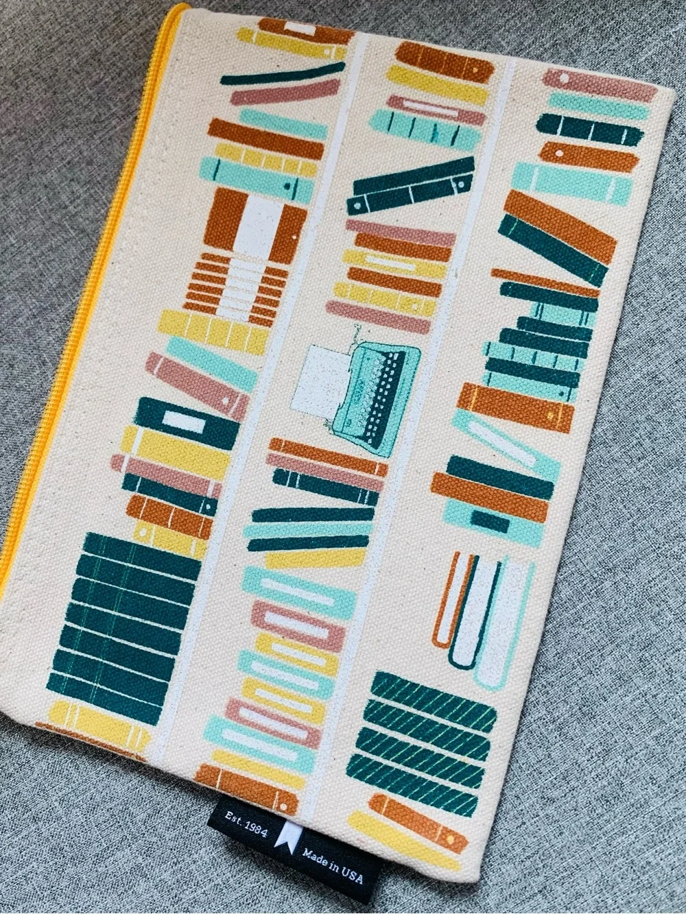'Out of Print' Zip Top Pouch Pencils Make Up Multi Color Book Theme Library EUC